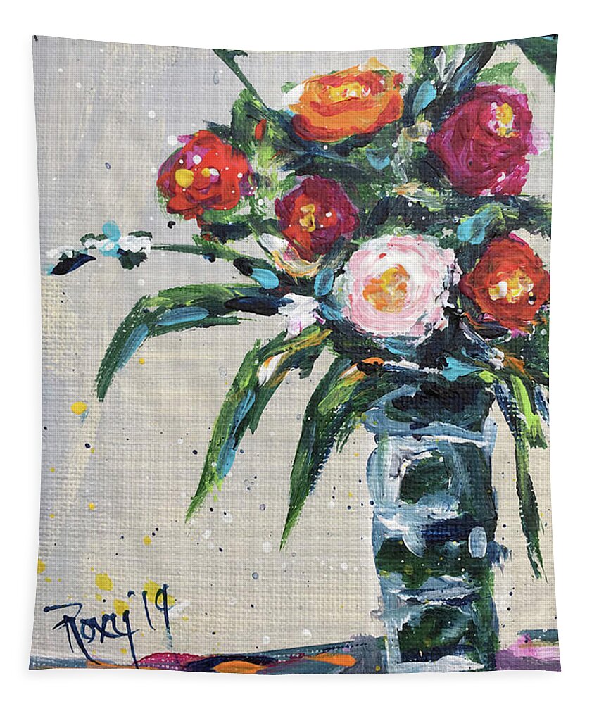 Roses Tapestry featuring the painting Happy Little Roses by Roxy Rich