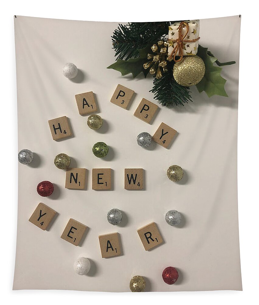 Scrabble Tiles Spell Out A New Year's Greeting Tapestry featuring the mixed media Happy New Year by Moira Law