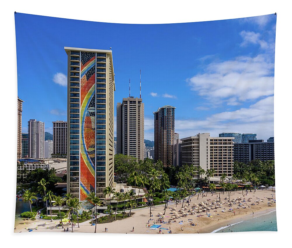 Aerial Tapestry featuring the photograph Hilton Hawaiian Village frames the shore in Waikiki Hawaii #3 by Steven Heap