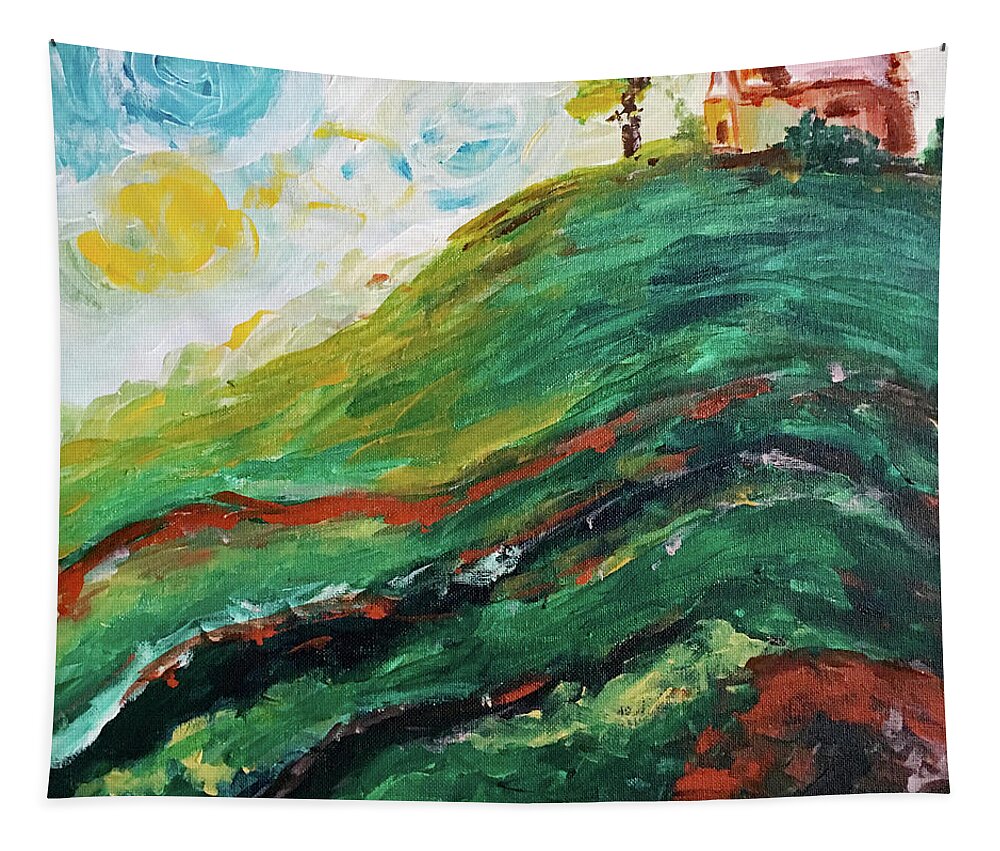 Landscape Tapestry featuring the painting House on a Hill #1 by Roxy Rich