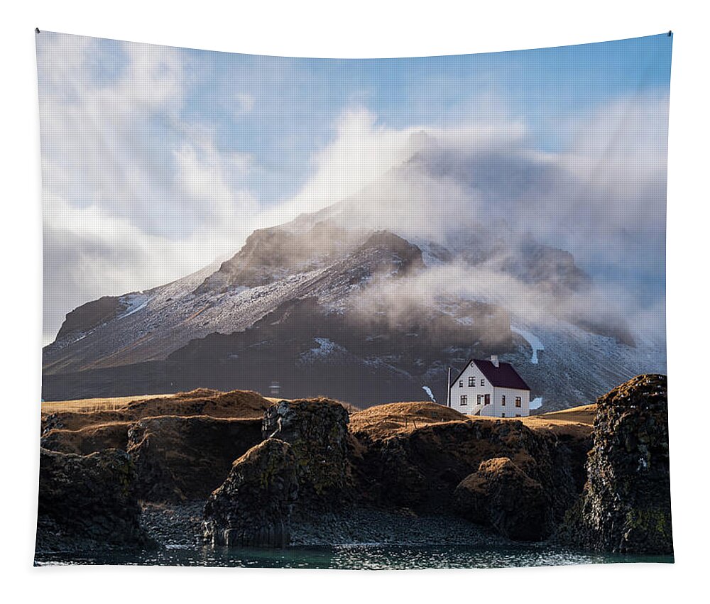 Arnarstapi Tapestry featuring the photograph Iceland landscape in winter at Arnarstapi village. by Michalakis Ppalis