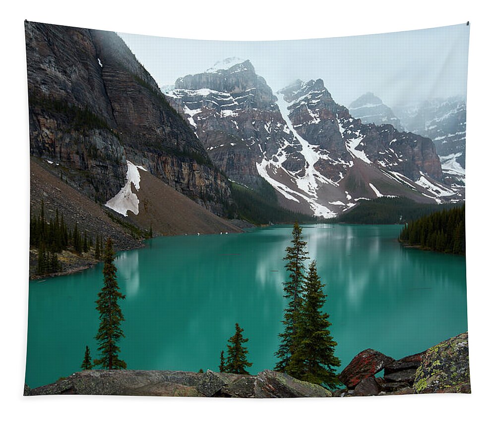 Alberta Tapestry featuring the photograph Moraine Lake in Banff by Jon Glaser