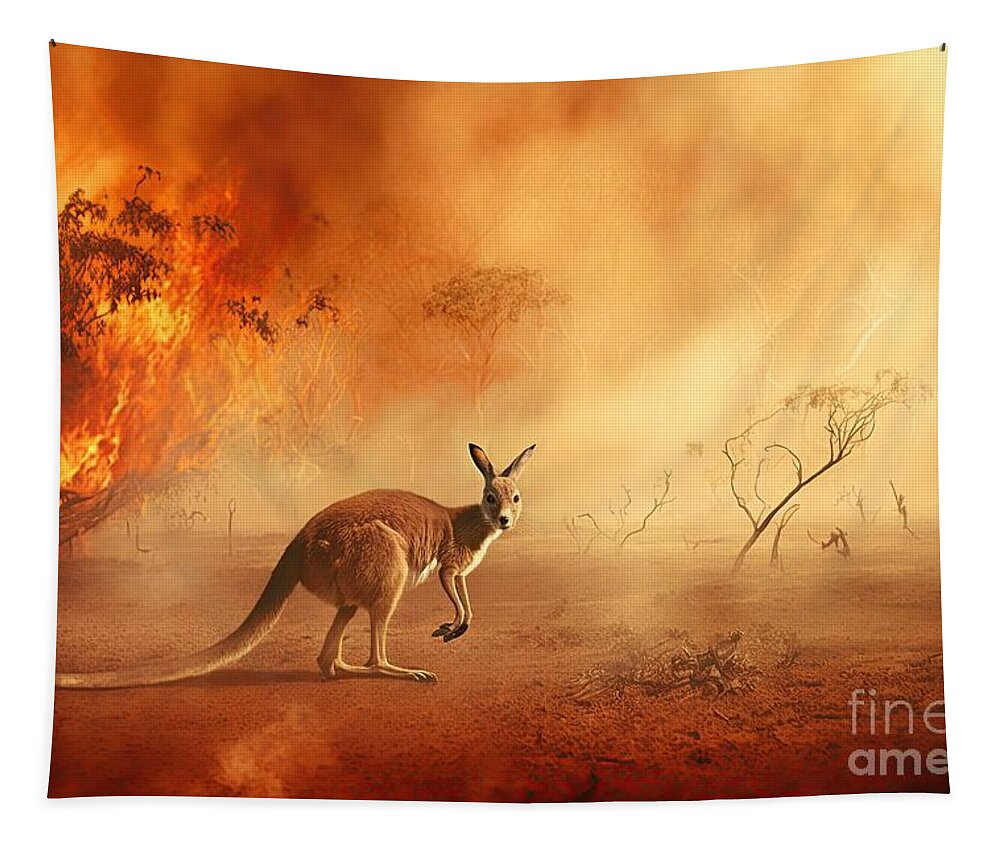 Australia Tapestry featuring the digital art Kangaroo escaping from Australian bushfires #1 by Benny Marty