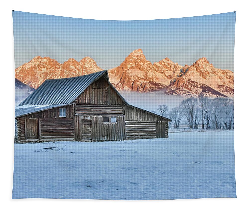 Sunrise Tapestry featuring the photograph Moulton Barn sunrise #1 by Ed Stokes