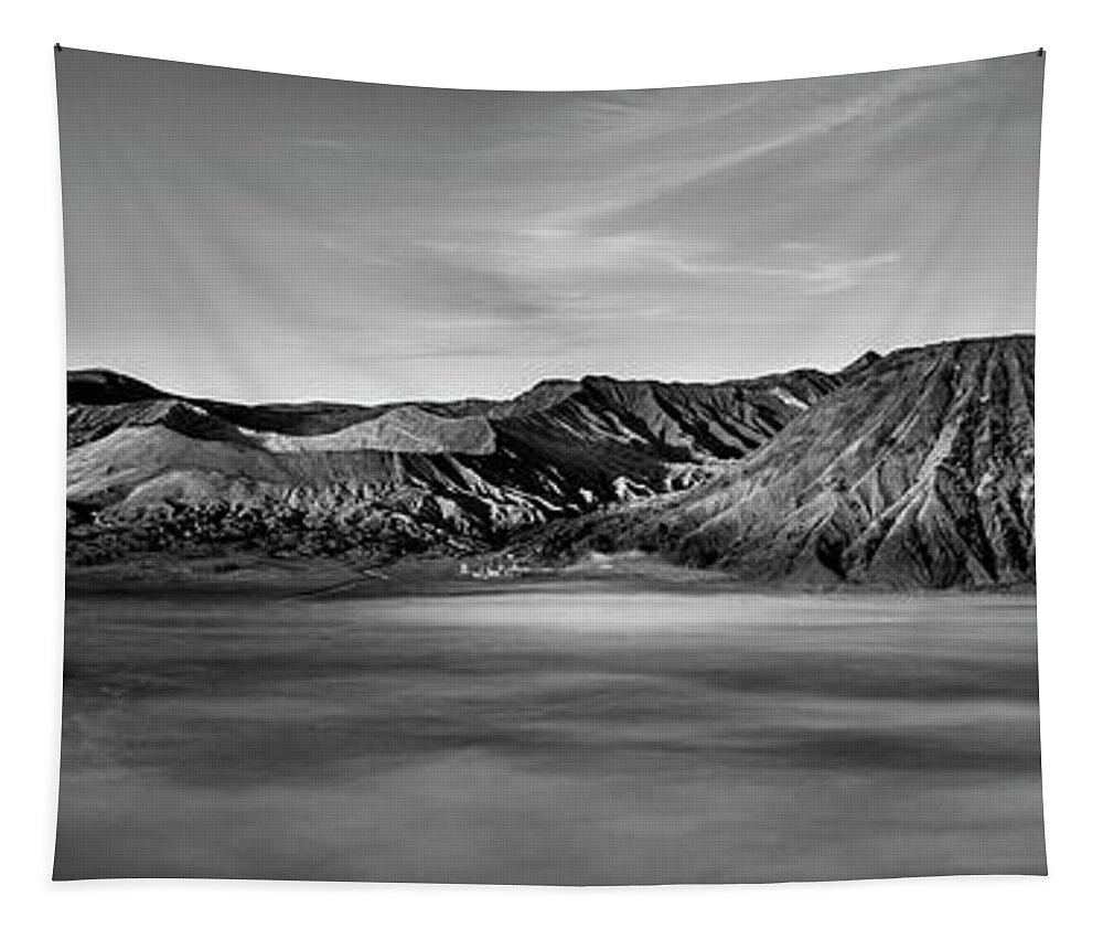 Panorama Tapestry featuring the photograph Mount Bromo sunrise mist indonesia black and white #1 by Sonny Ryse