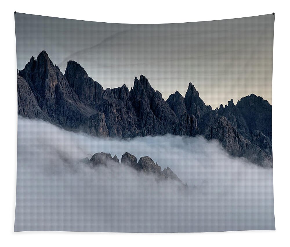 Dolomiti Tapestry featuring the photograph Mountain landscape with mist, at sunset Dolomites at Tre Cime Italy. by Michalakis Ppalis