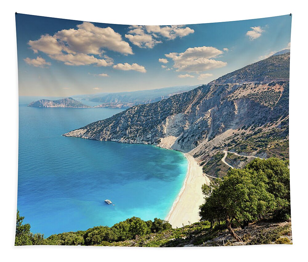 Myrtos Tapestry featuring the photograph Myrtos beach in Kefalonia, Greece #1 by Constantinos Iliopoulos
