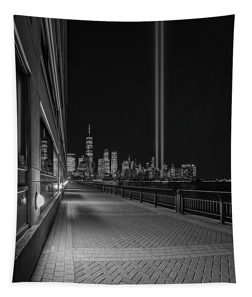 Nyc Skyline Tapestry featuring the photograph NYC Tribute In Light BW #1 by Susan Candelario