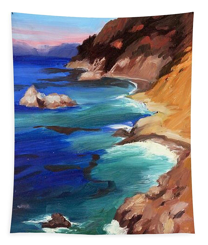 Cliff Tapestry featuring the painting Ocean View at Big Sur #1 by Alice Leggett