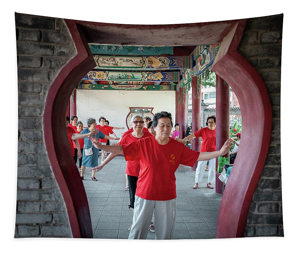2013 Tapestry featuring the photograph Old Chinese women dancing in a park #1 by Benoit Bruchez