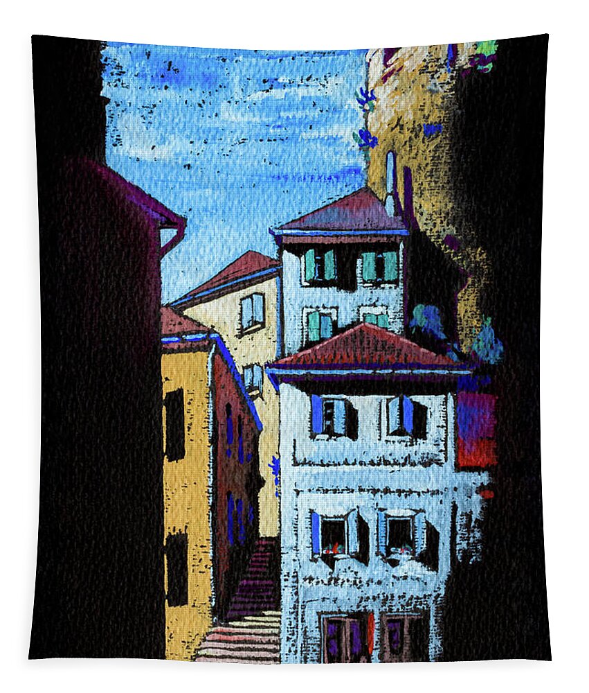 1930s Tapestry featuring the painting Old houses of Herceg Novi 1938 by Viktor Wallon-Hars