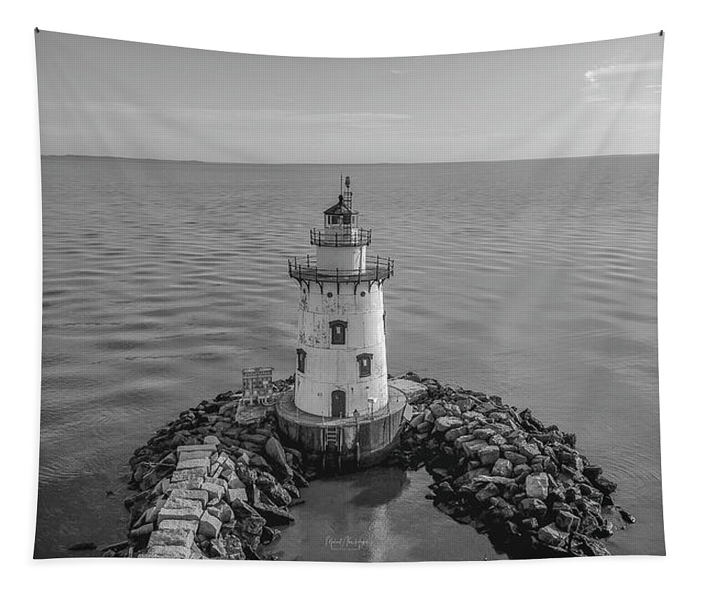 Black And White Tapestry featuring the photograph Old Saybrook Outer Lighthouse by Veterans Aerial Media LLC