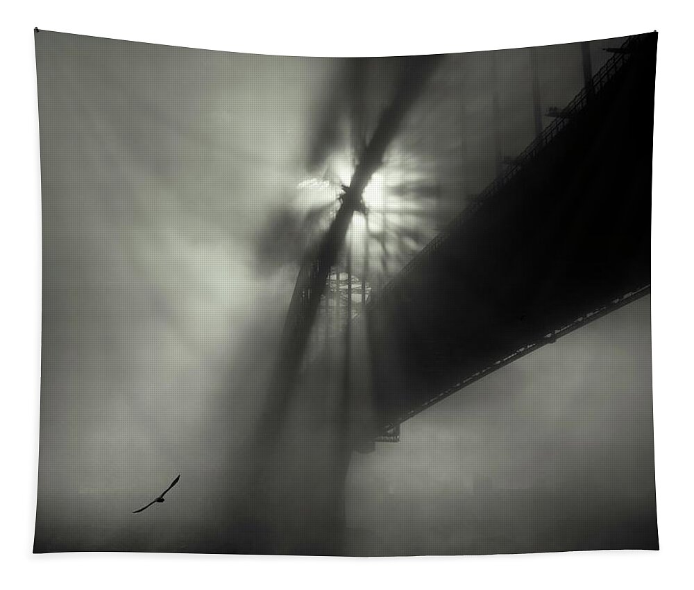 Monochrome Tapestry featuring the photograph One Morning at the Bridge by Grant Galbraith