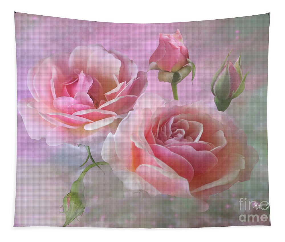Pink Roses Tapestry featuring the mixed media Pink Rose Duet by Morag Bates