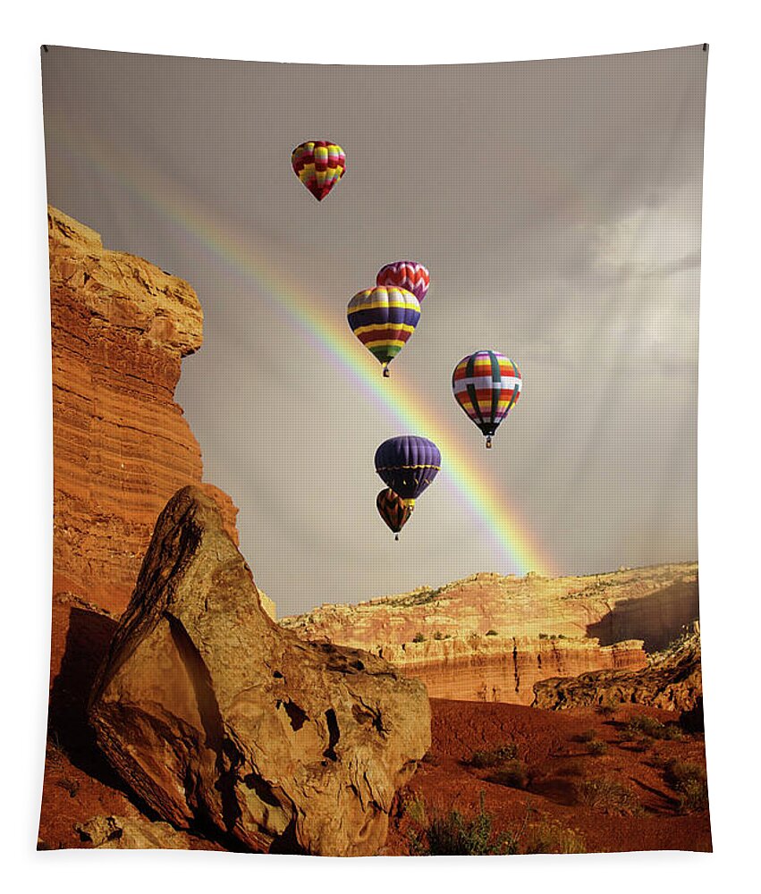 New Mexico Tapestry featuring the photograph Rainbow and brief dramatic sunshine #1 by Steve Estvanik