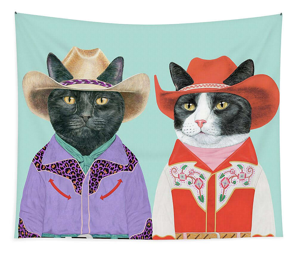 Cowboy Tapestry featuring the painting Rodeo Cats #1 by Animal Crew
