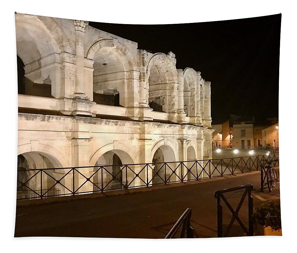 Roman Tapestry featuring the photograph Arles Roman Arena at Night by Donna Martin