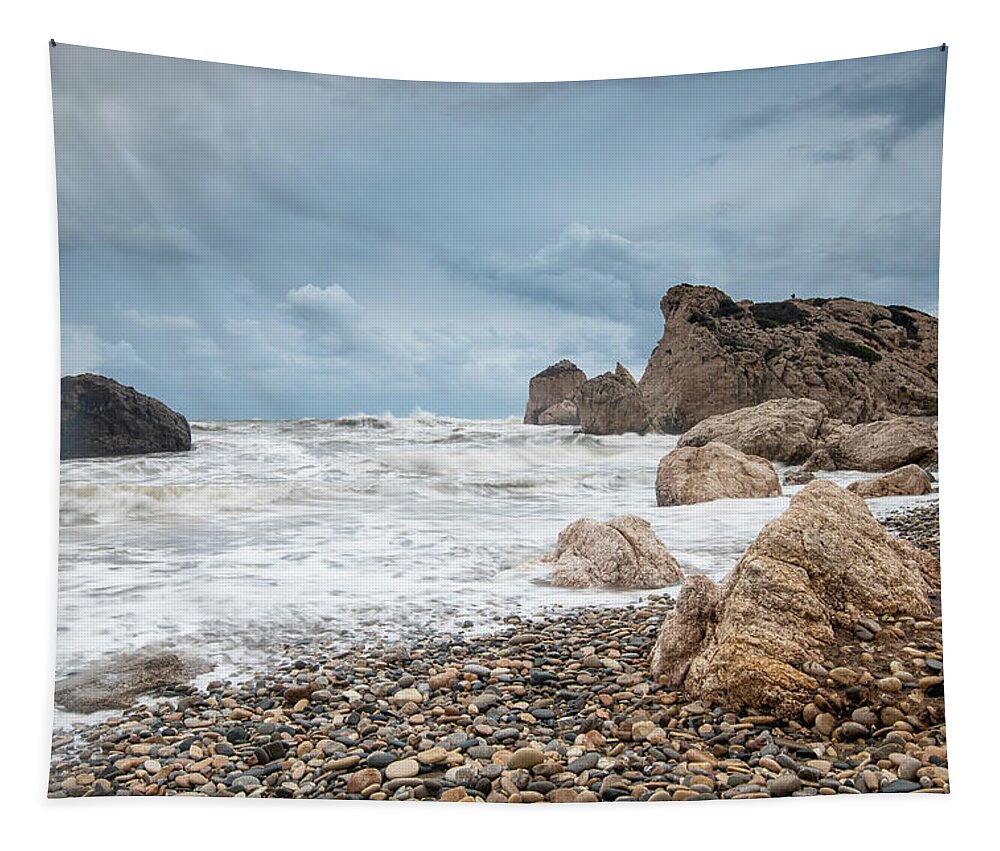 Paphos Tapestry featuring the photograph Seascapes with windy waves. Rock of Aphrodite Paphos Cyprus by Michalakis Ppalis