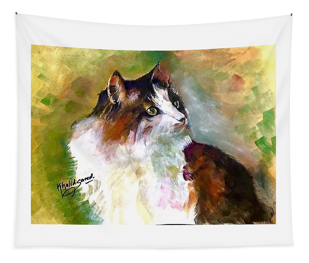 Cat Tapestry featuring the painting Siberian forest cat by Khalid Saeed