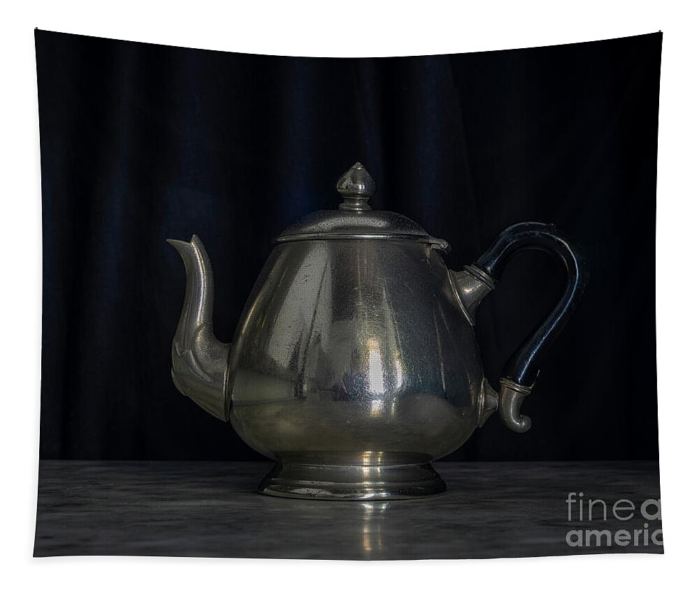 Past Tapestry featuring the photograph Silver and Brass Teapots Black Background Marble Table by Pablo Avanzini