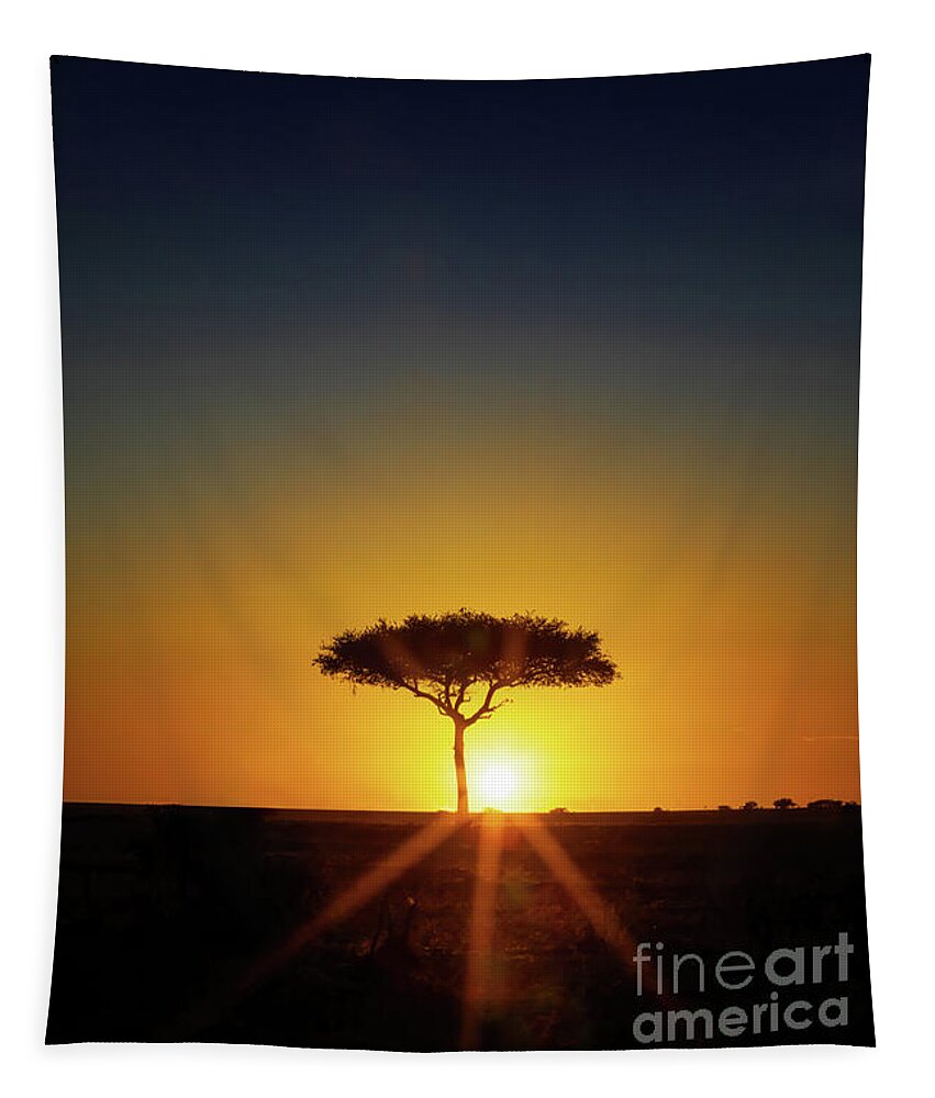 Sunrise Tapestry featuring the photograph Single Acacia tree on the horizon at sunrise in the Masai Mara, #1 by Jane Rix
