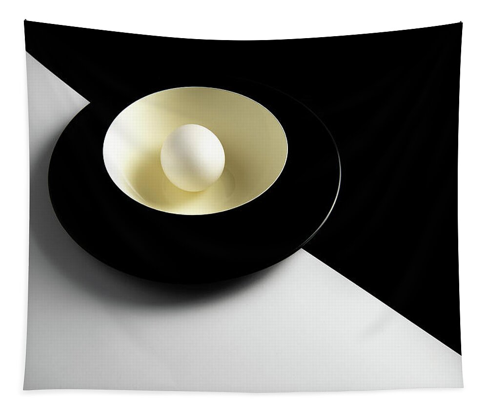Still-life Tapestry featuring the photograph Single fresh white egg on a yellow bowl by Michalakis Ppalis