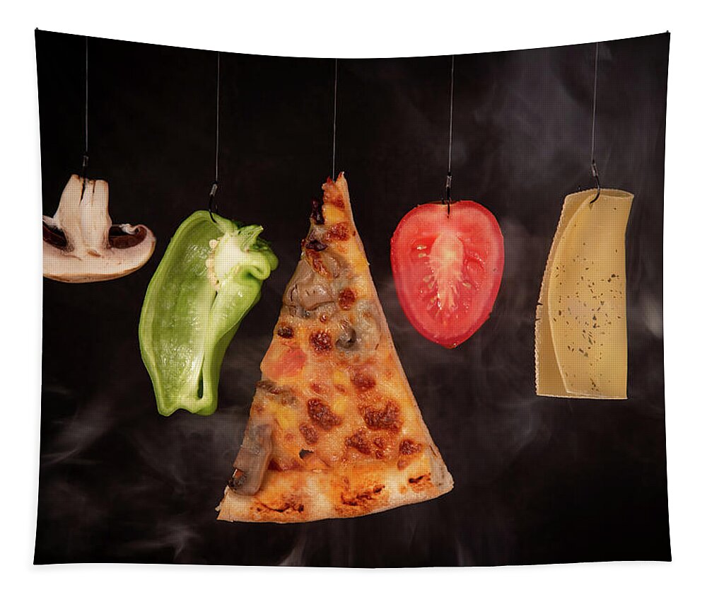 Pizza Tapestry featuring the photograph Slice of mozzarella pizza tomato cheese peeper and mushroom ingredients #4 by Michalakis Ppalis