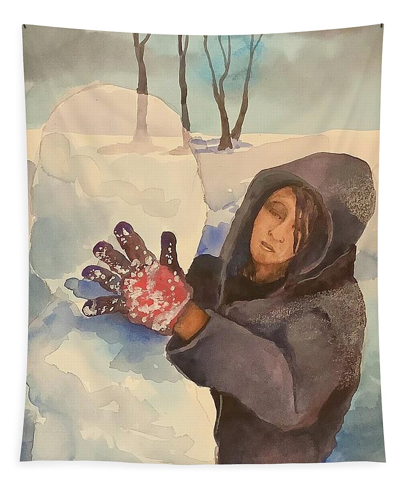 Snowman Snow Indiana Midwest Glove Prairie Woman Portrait Calm Meditative Serene Tranquil Solitude Art Collector Original Tapestry featuring the mixed media Snowman #2 by James Huntley