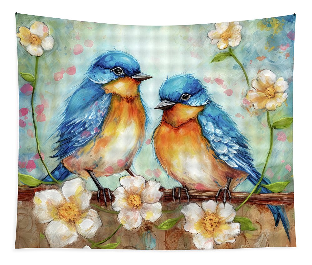 Bluebirds Tapestry featuring the painting The Spring Bluebirds by Tina LeCour