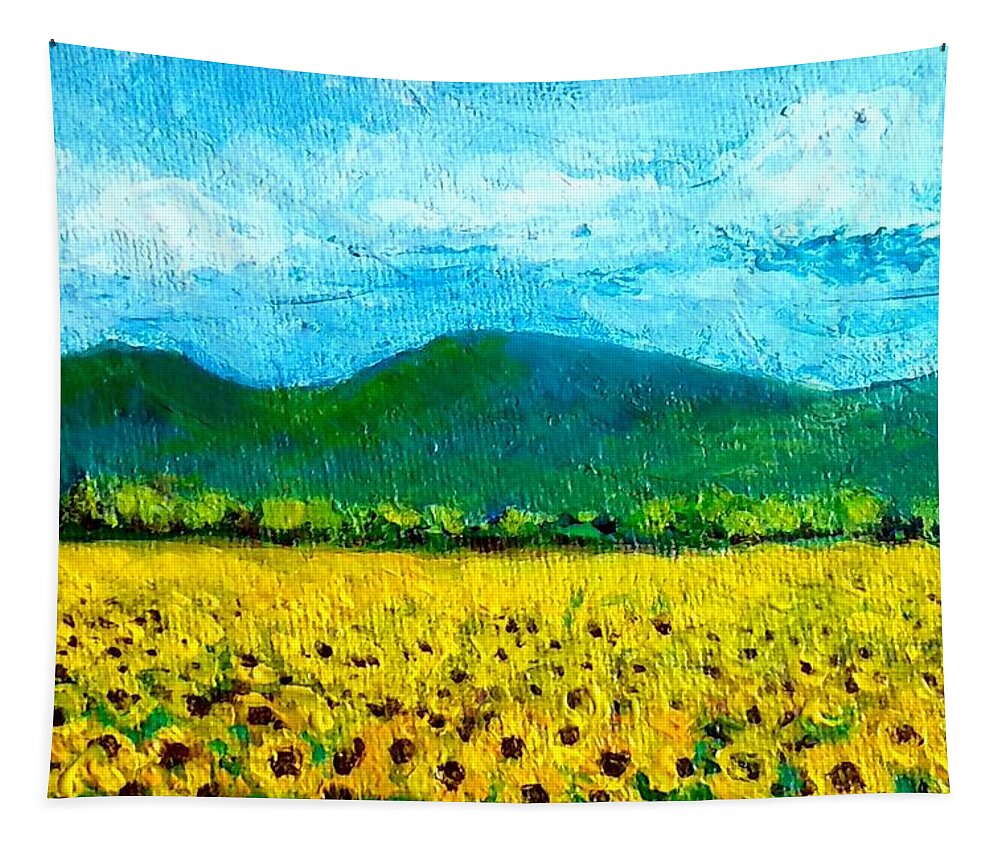Sunflowers Tapestry featuring the painting Sunflower fields-end of summer #1 by Asha Sudhaker Shenoy