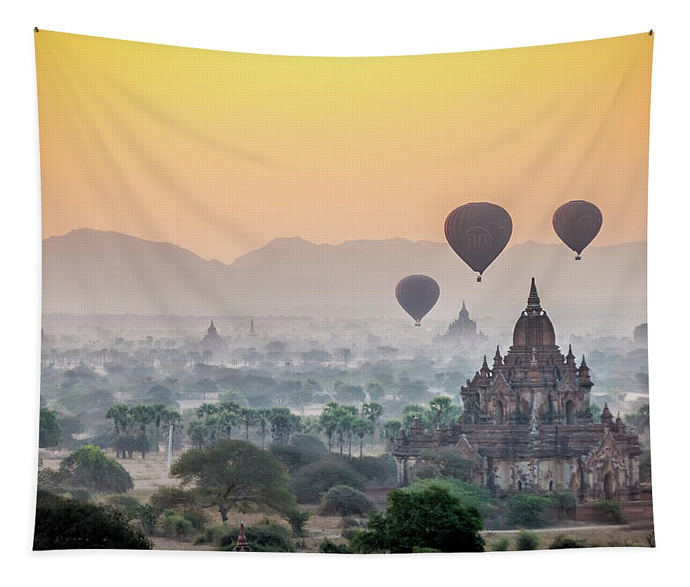 Sunrise Tapestry featuring the photograph Sunrise at Bagan by Arj Munoz