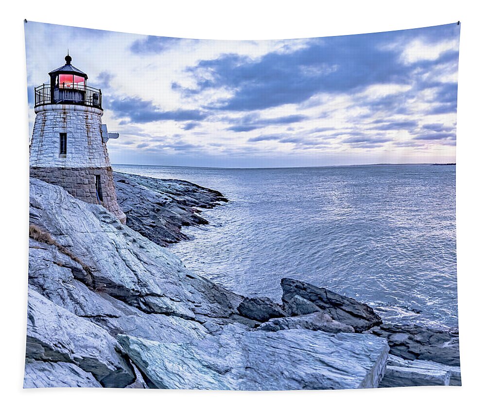 Vacation Tapestry featuring the photograph Sunset at Castle Hill Lighthous. Newport, Rhode Island #1 by Alex Grichenko