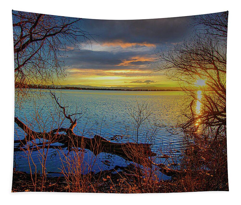 Autumn Tapestry featuring the photograph Sunset Over Lake Framed By TreesSunset Over Lake Framed By Trees by Tom Potter