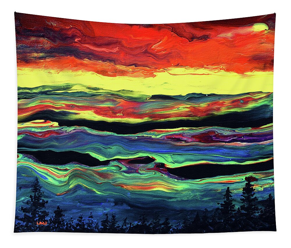 Pine Trees Tapestry featuring the painting Sunset Over the Mountains Abstract by Laura Iverson