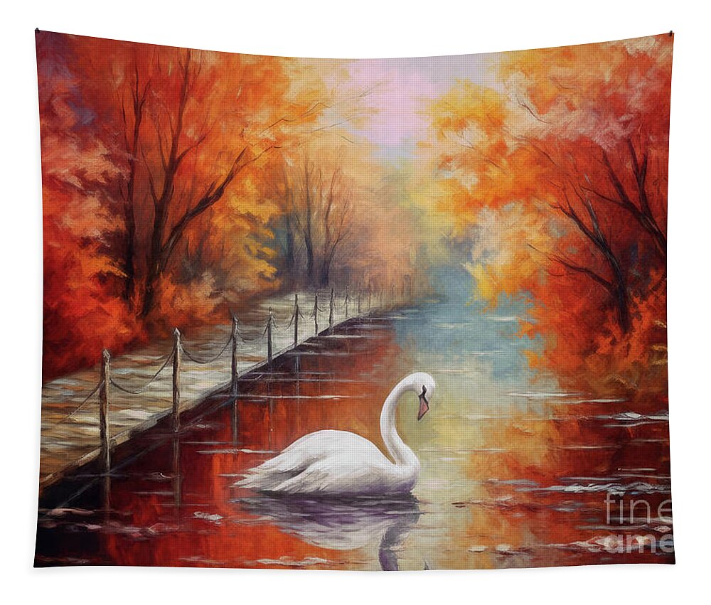 Autumn Landscape Tapestry featuring the painting Swan In Autumn by Tina LeCour
