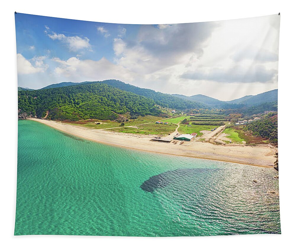 Island Tapestry featuring the photograph The beach Aselinos in Skiathos, Greece #1 by Constantinos Iliopoulos