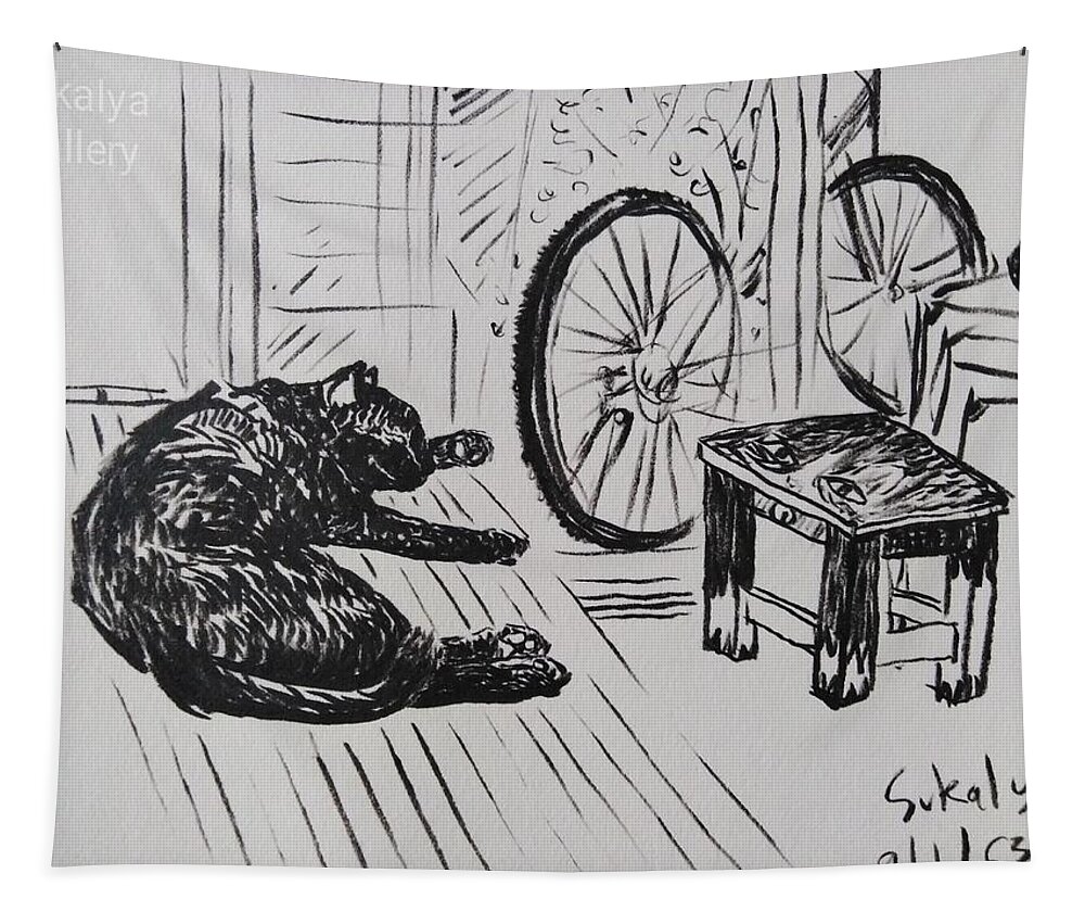 Cat Tapestry featuring the drawing The black cat by Sukalya Chearanantana
