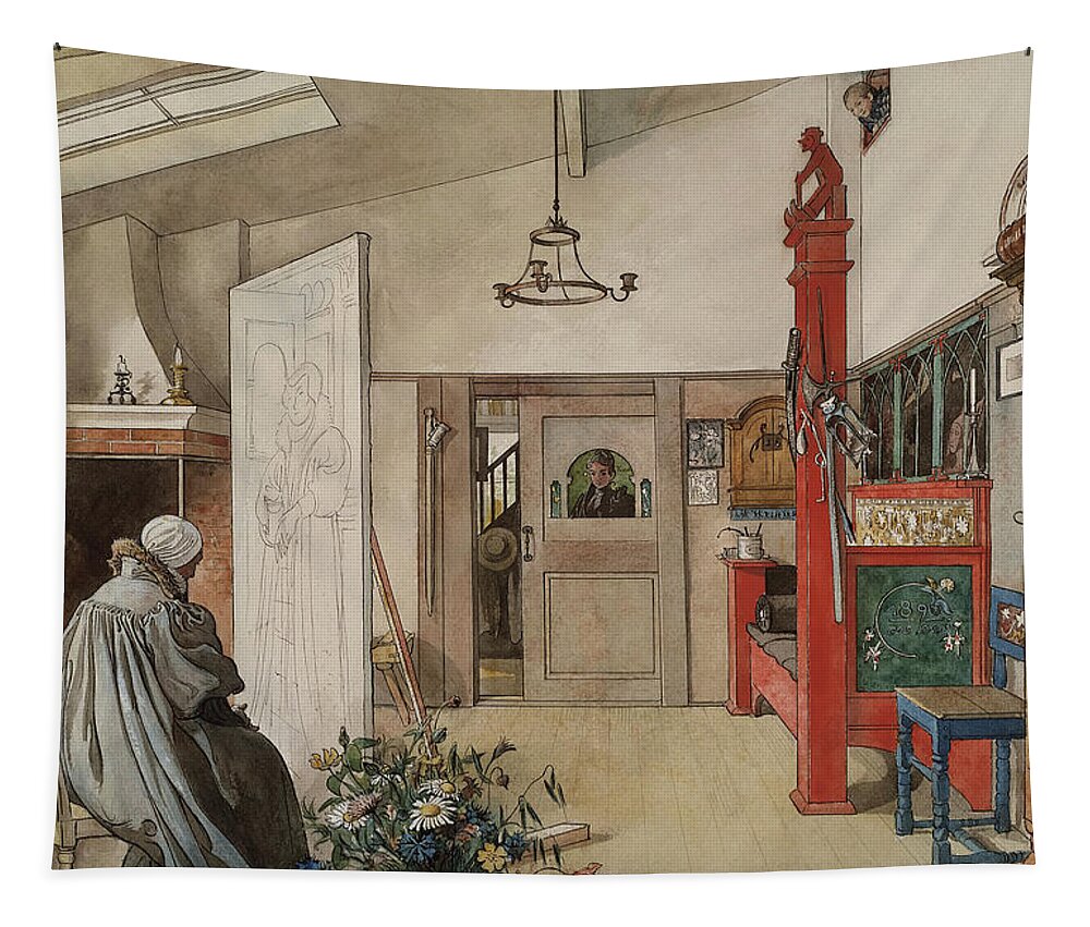 Studio Tapestry featuring the drawing The Studio by Carl Larsson #1 by Mango Art