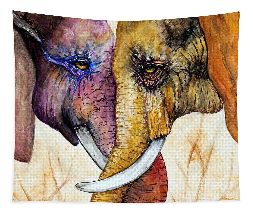 Elephants Tapestry featuring the painting Together Forever #1 by Maria Barry