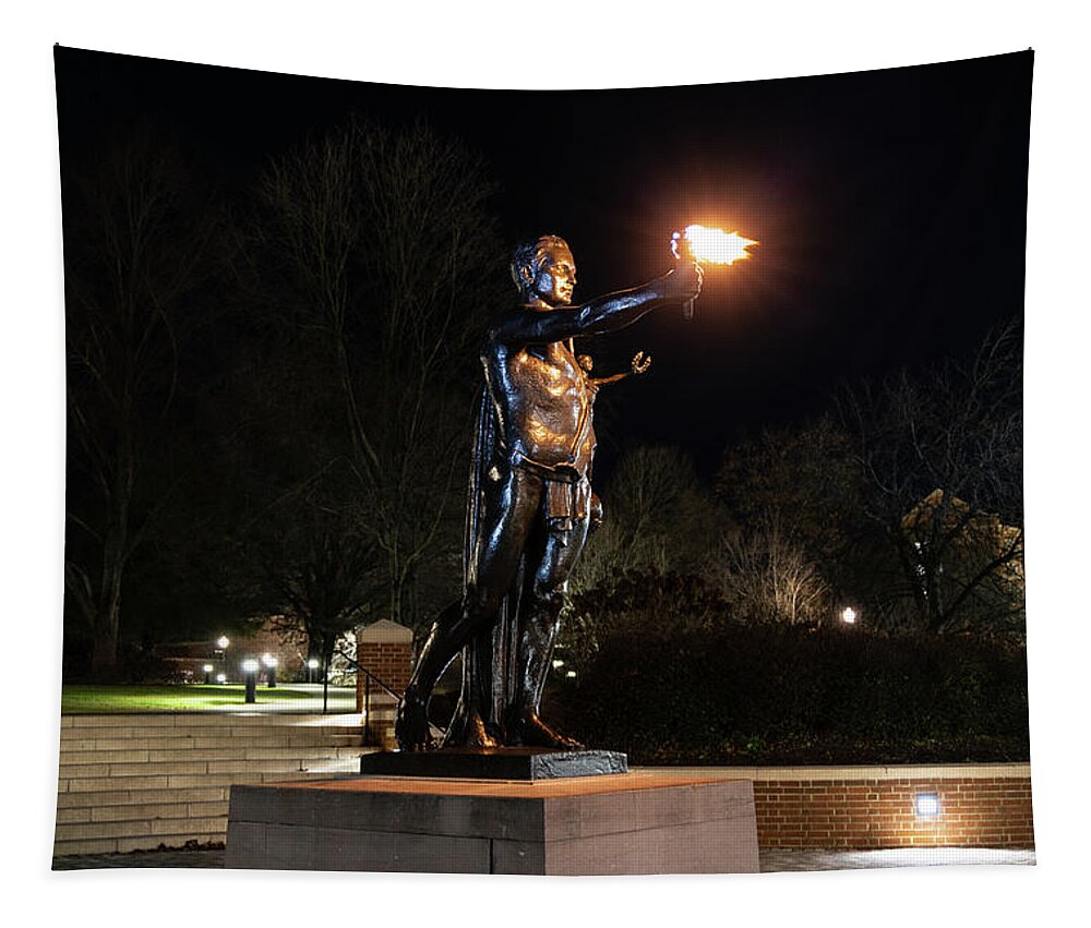 University Of Tennessee At Night Tapestry featuring the photograph Torchbearer statue at the University of Tennessee at night by Eldon McGraw