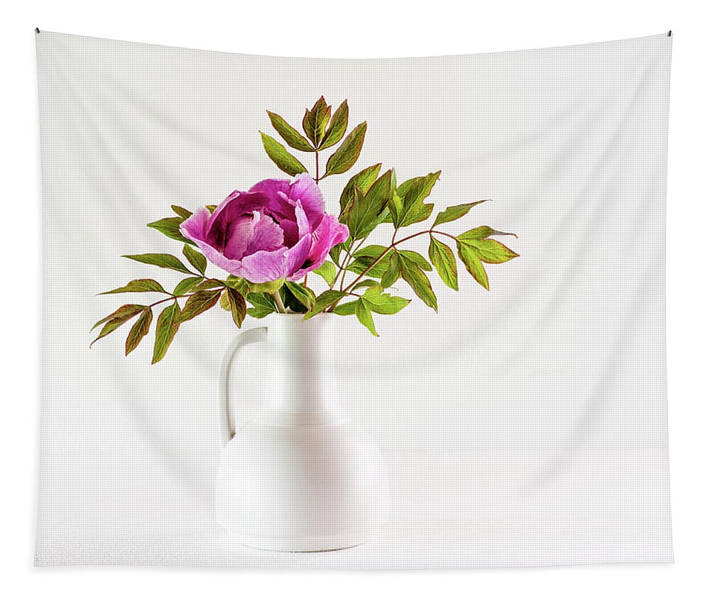 Tree Peony Tapestry featuring the photograph Tree peony Lan He Paeonia suffruticosa rockii in a white vase by Torbjorn Swenelius