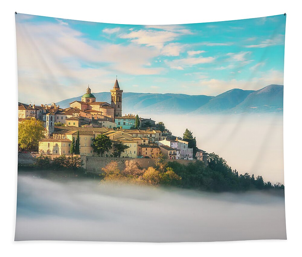 Trevi Tapestry featuring the photograph Trevi picturesque village in a foggy morning. Perugia, Umbria, I by Stefano Orazzini