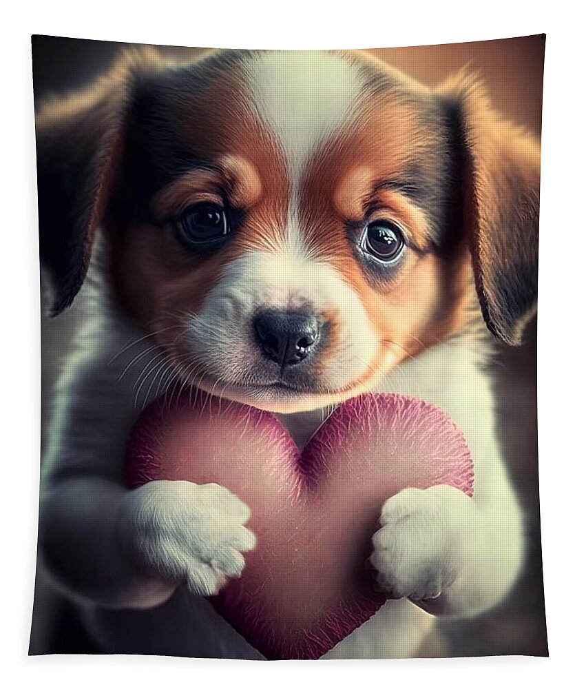 Puppy With Heart Tapestry featuring the mixed media Valentine Puppy 0 #1 by Lilia S