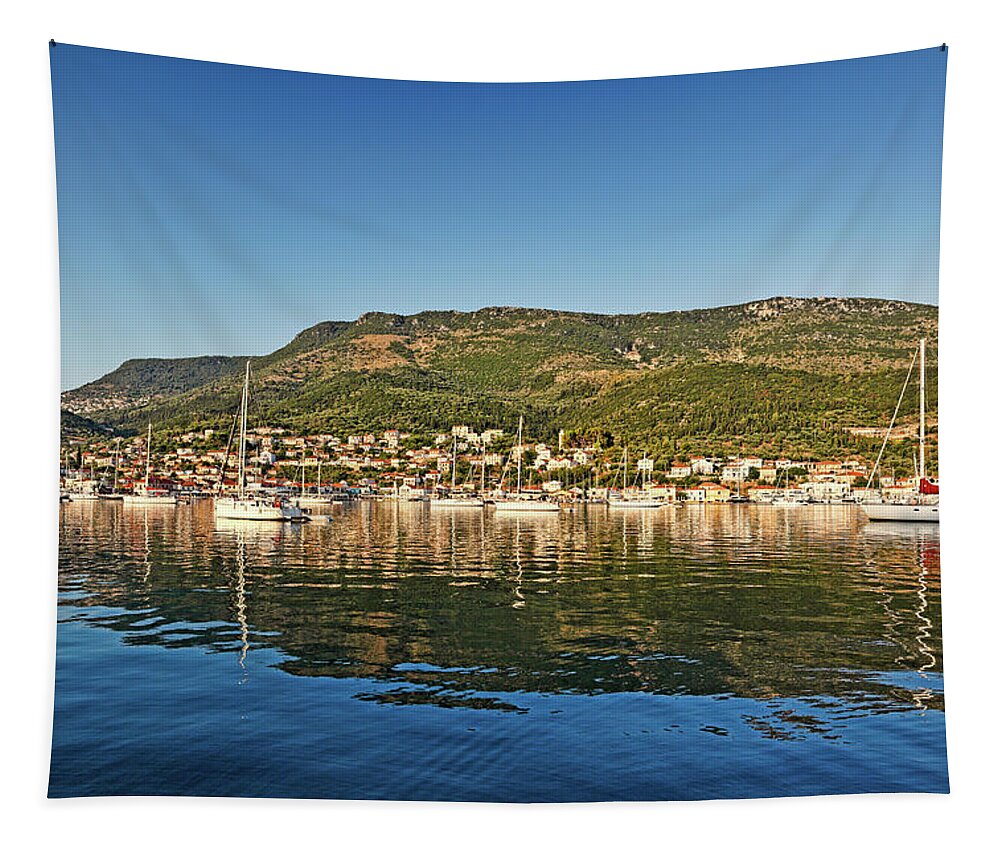 Vathi Tapestry featuring the photograph Vathy in Ithaki island, Greece #1 by Constantinos Iliopoulos