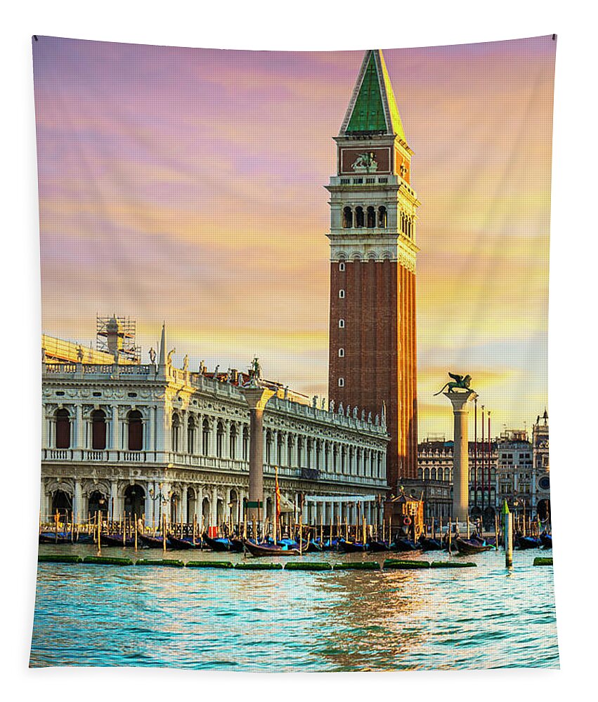 Venice Tapestry featuring the photograph Venice landmark at dawn, Piazza San Marco with Campanile and Dog #1 by Stefano Orazzini