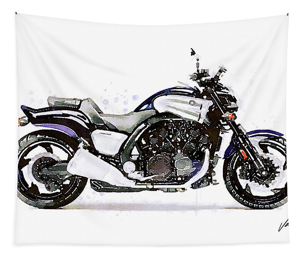 Motorcycle Tapestry featuring the painting Watercolor Yamaha V-MAX 1200 motorcycle, oryginal artwork by Vart. #2 by Vart