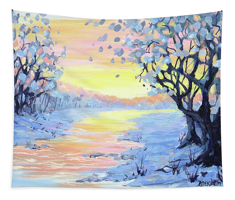 Snow Tapestry featuring the painting Winter Morning #1 by Karen Ilari