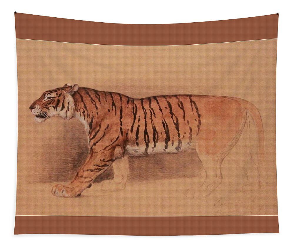 Raden Saleh (circa 1811 –1880) - Watercolor Study Of A Walking Tiger Tapestry featuring the painting Raden Saleh #13 by Artistic Rifki
