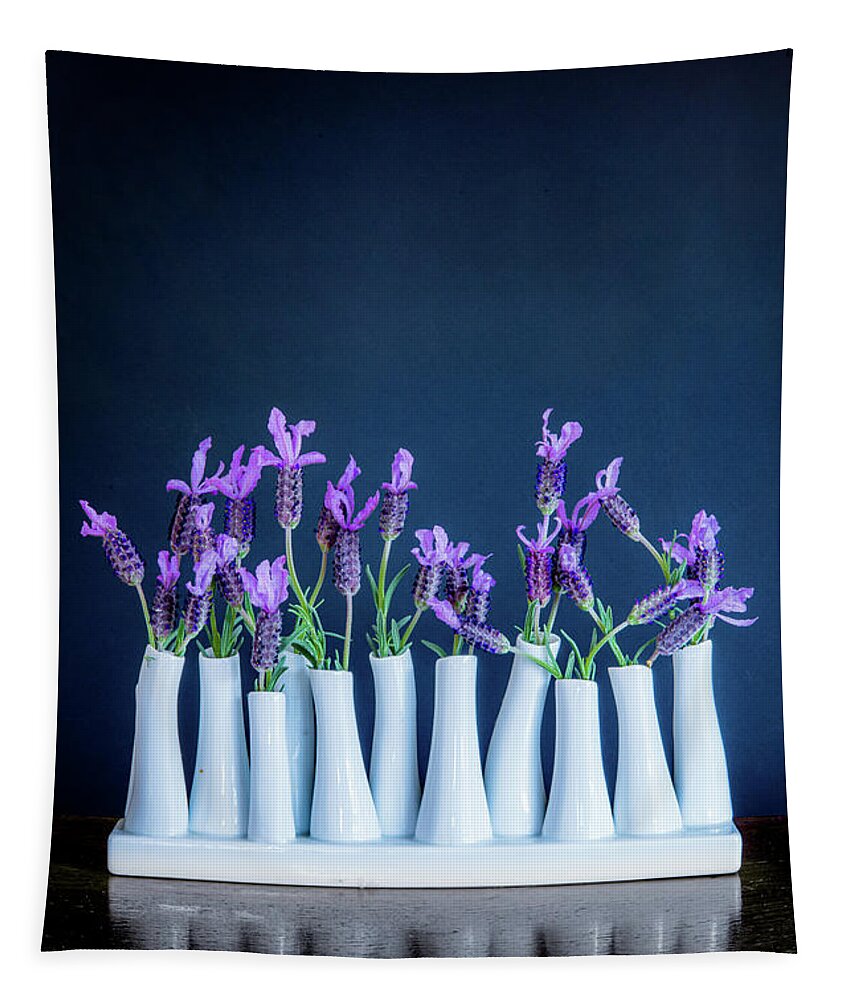Lavender Tapestry featuring the photograph 1312 Lavender in White Vase #1 by Kenneth Johnson