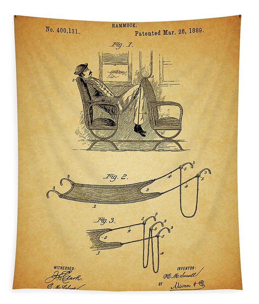 1889 Hammock Patent Tapestry featuring the drawing 1889 Hammock Patent by Dan Sproul